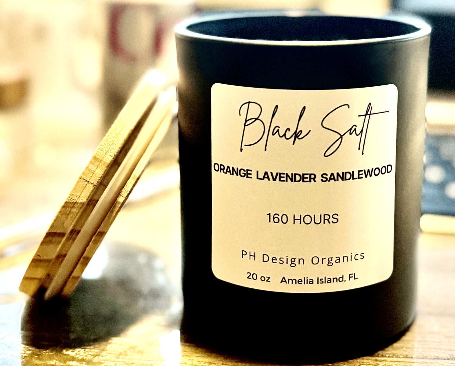 orange, lavender and sandalwood Black Salt notes of Orange, Lavender and Sandalwood