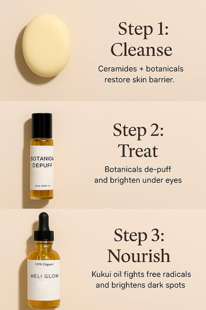 Glow Ritual Trio | 3-Step Cleanse, Depuff &amp; Restore Skincare Set – PH Design Organic Bundle