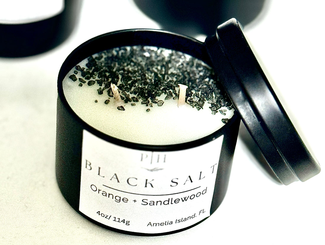 Black Salt Candle notes Orange, Pine, Lavender &amp; Sandlewood